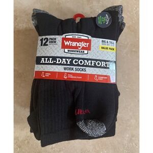 Wrangler Work Socks Men 12-15 Black Crew All-Day Comfort 12 Pack Big & Tall NEW